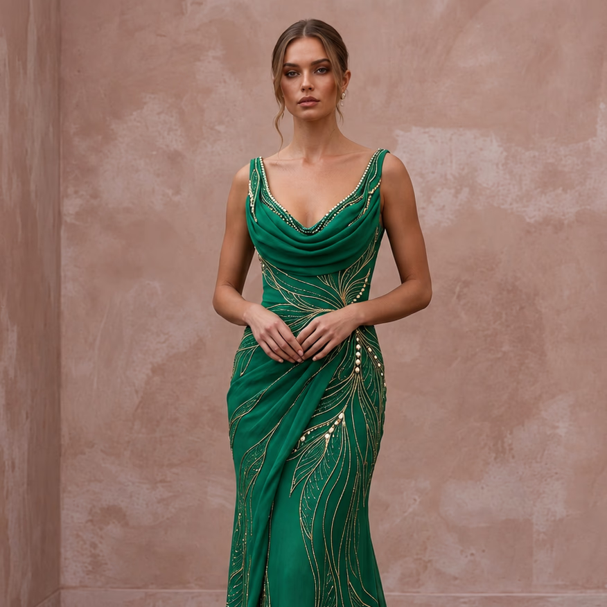 Emerald Green Silk Georgette Draped Cowl Neck Prom Gown