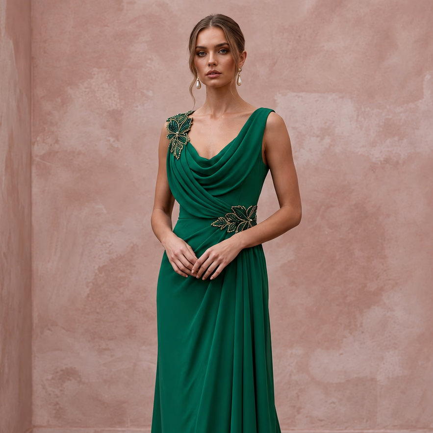 Emerald Green Silk Georgette Draped Cowl Neck Prom Gown