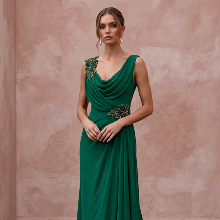 Emerald Green Silk Georgette Draped Cowl Neck Prom Gown
