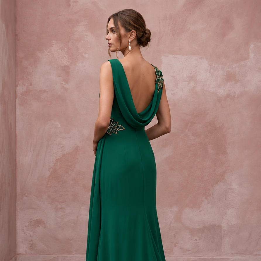 Emerald Green Silk Georgette Draped Cowl Neck Prom Gown