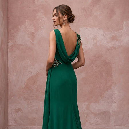 Emerald Green Silk Georgette Draped Cowl Neck Prom Gown