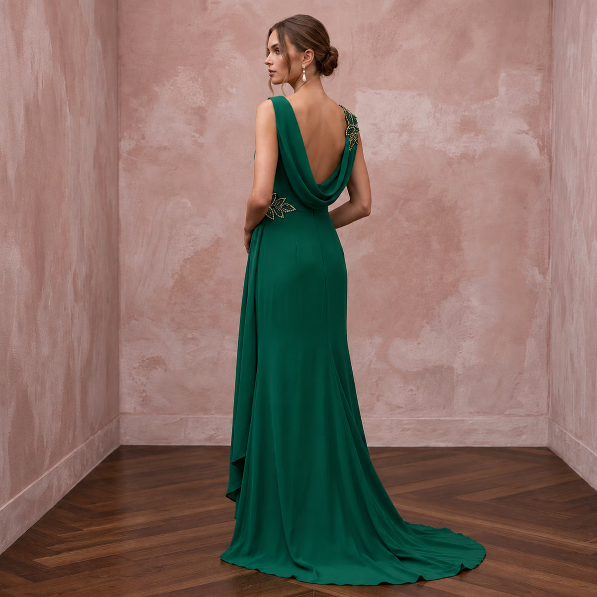 Emerald Green Silk Georgette Draped Cowl Neck Prom Gown