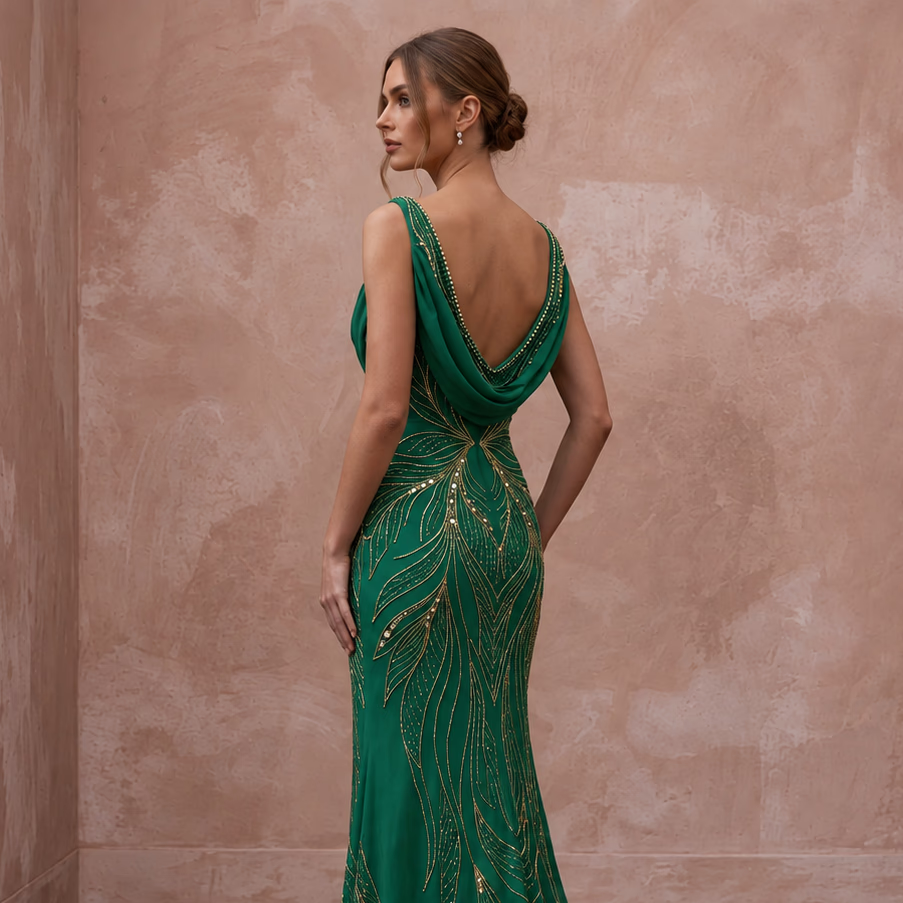 Emerald Green Silk Georgette Draped Cowl Neck Prom Gown