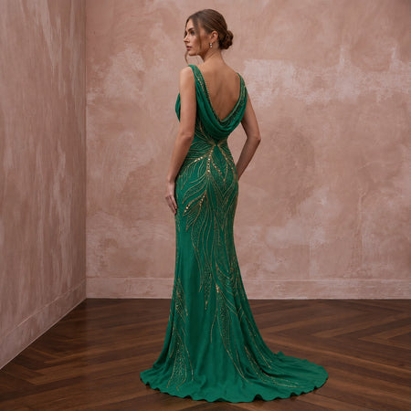 Emerald Green Silk Georgette Draped Cowl Neck Prom Gown