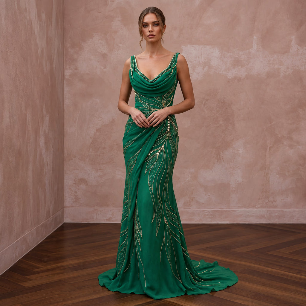 Emerald Green Silk Georgette Draped Cowl Neck Prom Gown