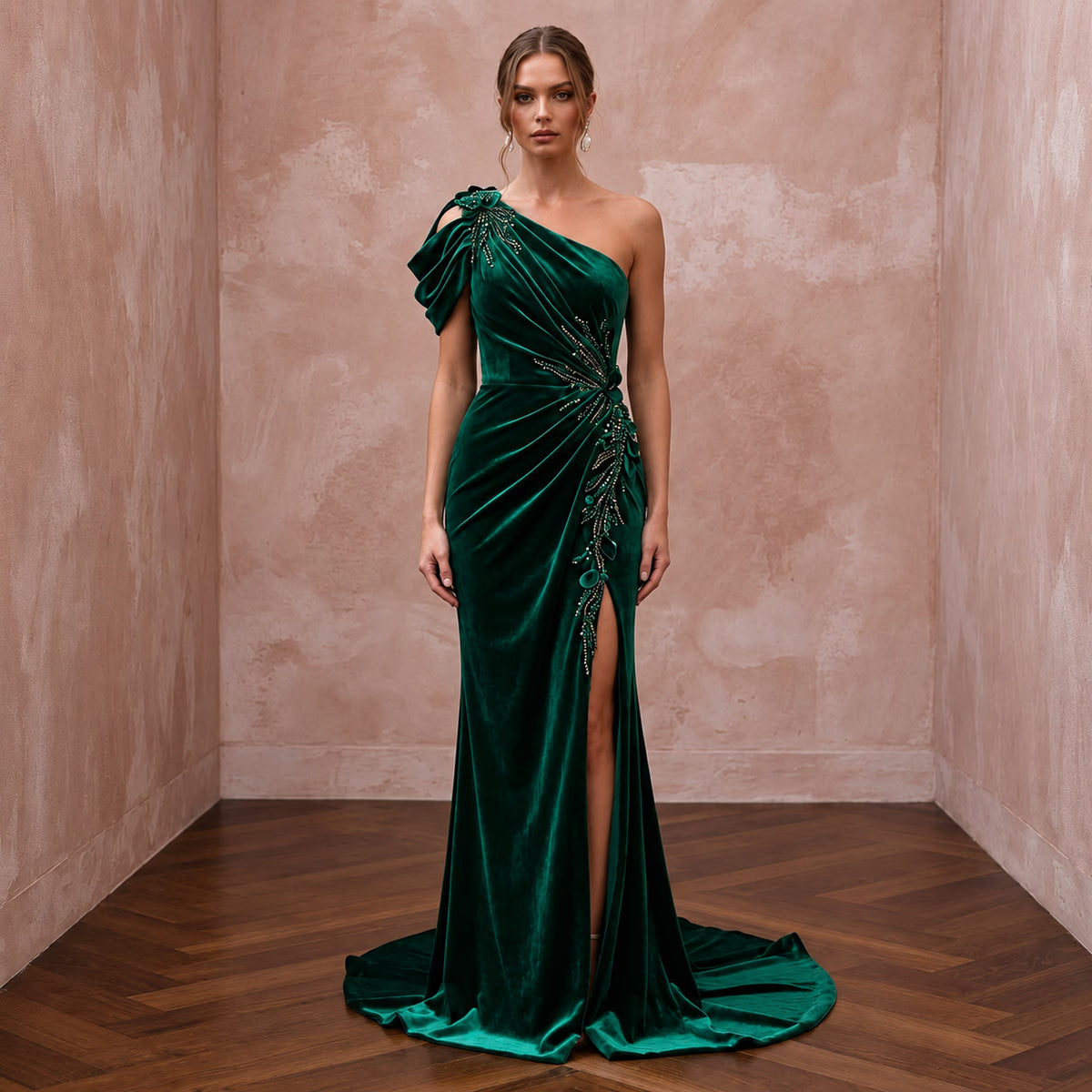Emerald green velvet asymmetrical one-shoulder formal gown with a thigh-high slit and elegant embellishments. Main image