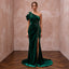 Emerald green velvet asymmetrical one-shoulder formal gown with a thigh-high slit and elegant embellishments.