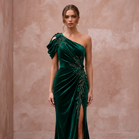 Emerald green velvet asymmetrical one-shoulder formal gown with beaded detailing and side slit. Perfect for elegant occasions.