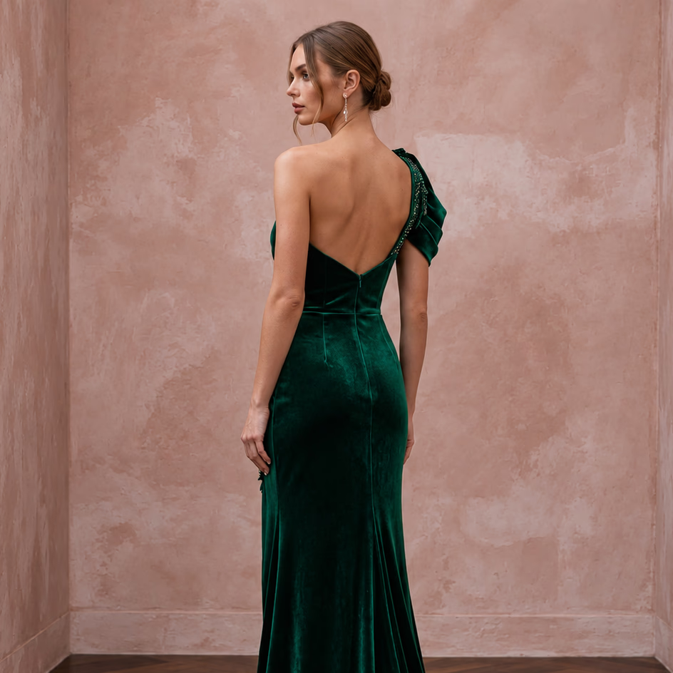 Emerald green velvet one-shoulder formal gown featuring an asymmetrical design and elegant ruffle detail.