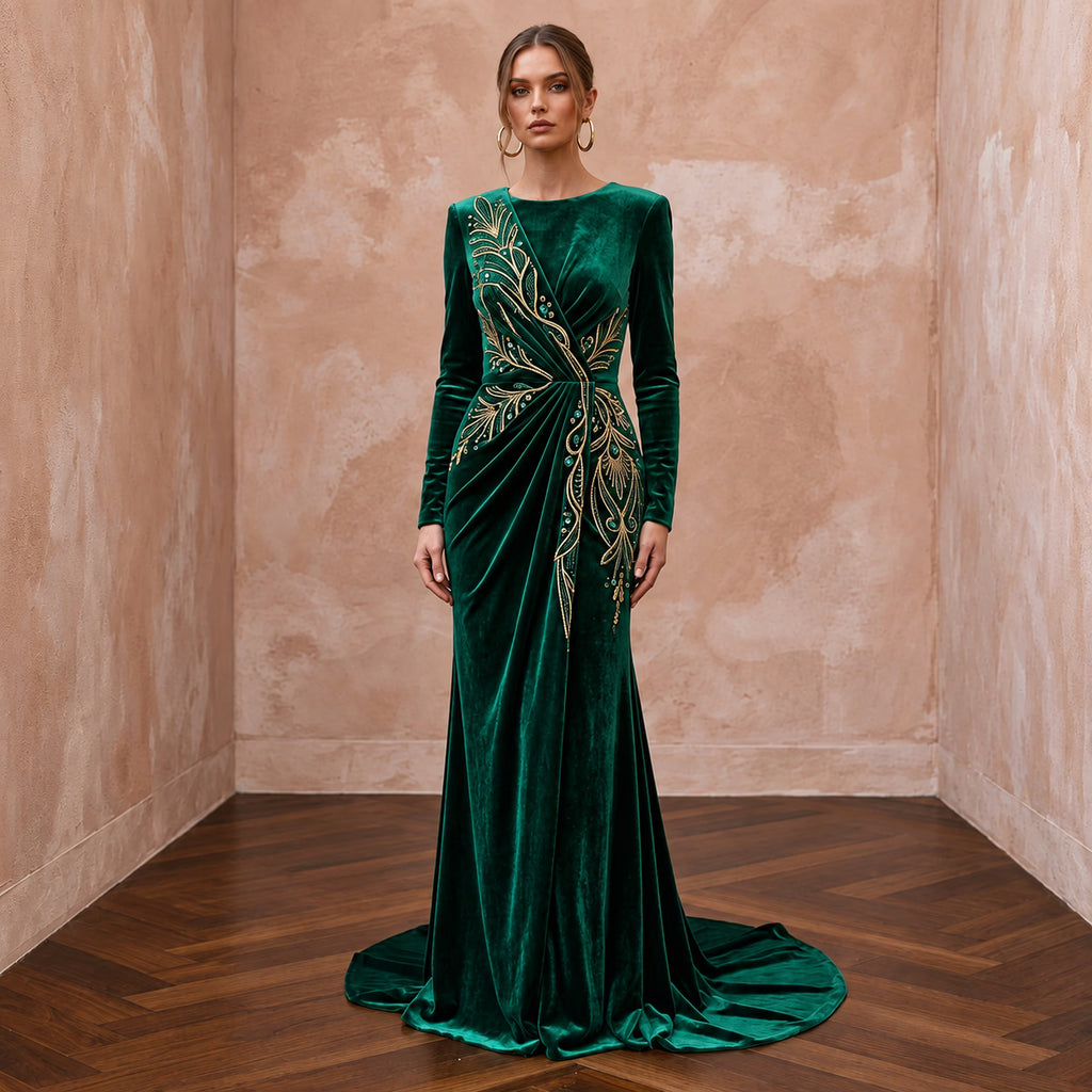 Emerald Green Velvet Draped Wrap Front Long Sleeve Maxi Gown