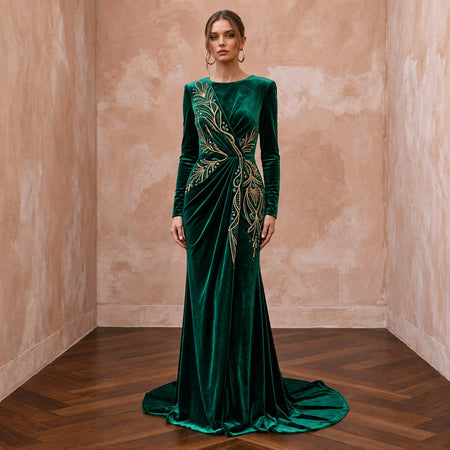 Emerald Green Velvet Draped Wrap Front Long Sleeve Maxi Gown