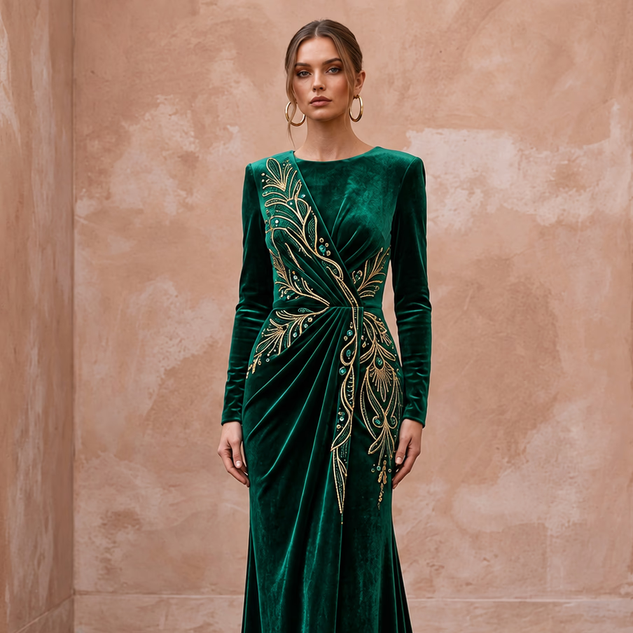 Emerald Green Velvet Draped Wrap Front Long Sleeve Maxi Gown