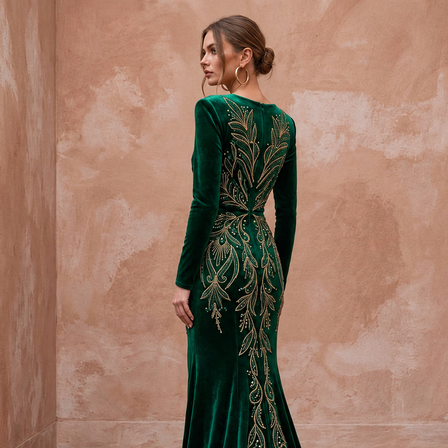 Emerald Green Velvet Draped Wrap Front Long Sleeve Maxi Gown