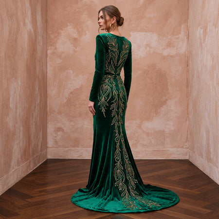 Emerald Green Velvet Draped Wrap Front Long Sleeve Maxi Gown