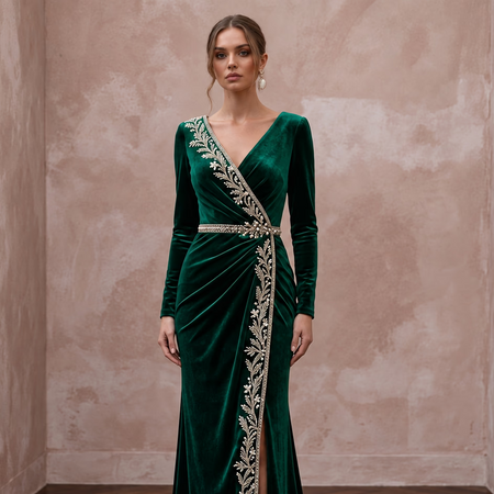 Emerald Green Velvet Draped Wrap Maxi Dress for Winter Banquet - Apparel & Accessories > Clothing > Wedding & Bridal Party Dresses > Wedding Dresses - Mignonette Bridal