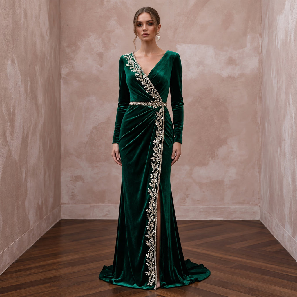 Emerald Green Velvet Draped Wrap Maxi Dress for Winter Banquet - Apparel & Accessories > Clothing > Wedding & Bridal Party Dresses > Wedding Dresses - Mignonette Bridal