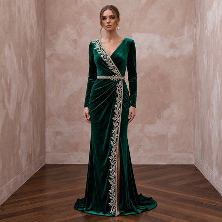Emerald Green Velvet Draped Wrap Maxi Dress for Winter Banquet - Apparel & Accessories > Clothing > Wedding & Bridal Party Dresses > Wedding Dresses - Mignonette Bridal