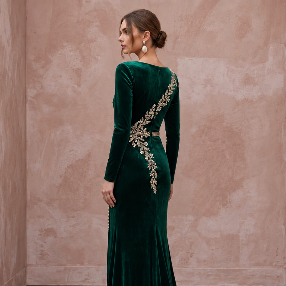 Emerald Green Velvet Draped Wrap Maxi Dress for Winter Banquet - Apparel & Accessories > Clothing > Wedding & Bridal Party Dresses > Wedding Dresses - Mignonette Bridal