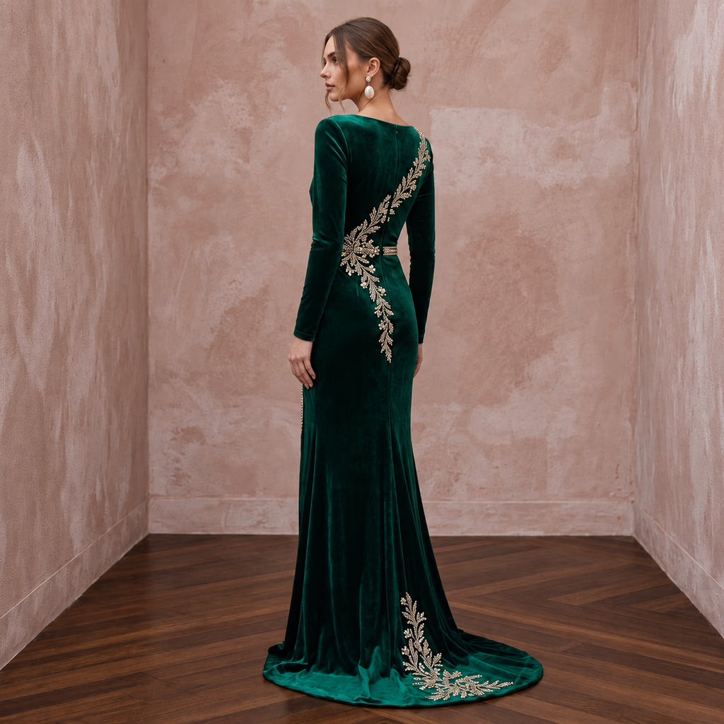 Emerald Green Velvet Draped Wrap Maxi Dress for Winter Banquet - Apparel & Accessories > Clothing > Wedding & Bridal Party Dresses > Wedding Dresses - Mignonette Bridal