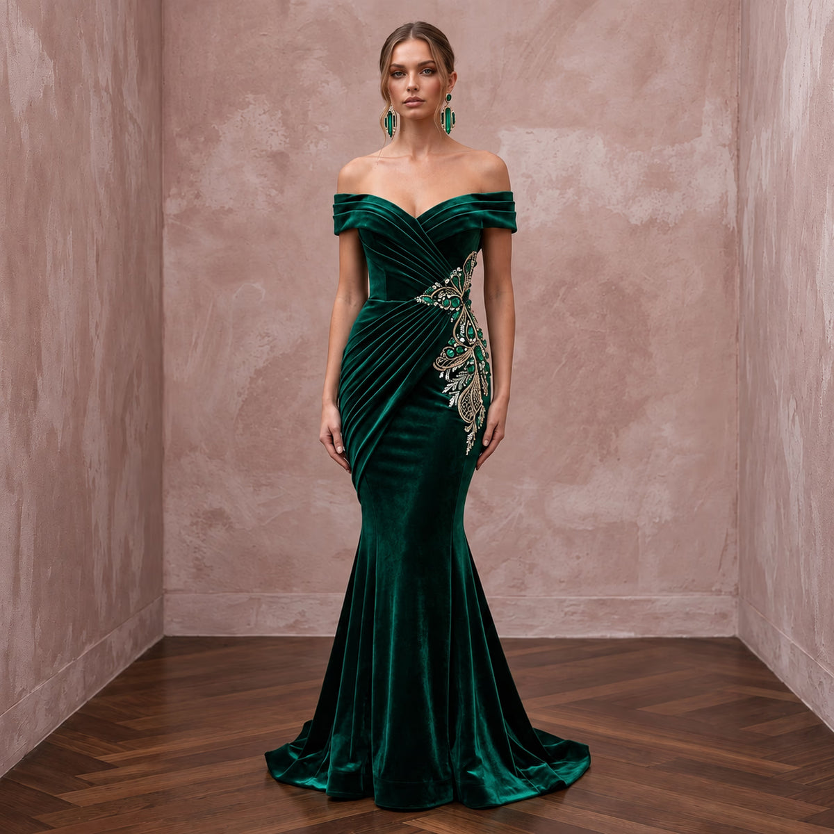 Emerald Green Velvet Off-the-Shoulder Mermaid Evening Gown for Winter Gala