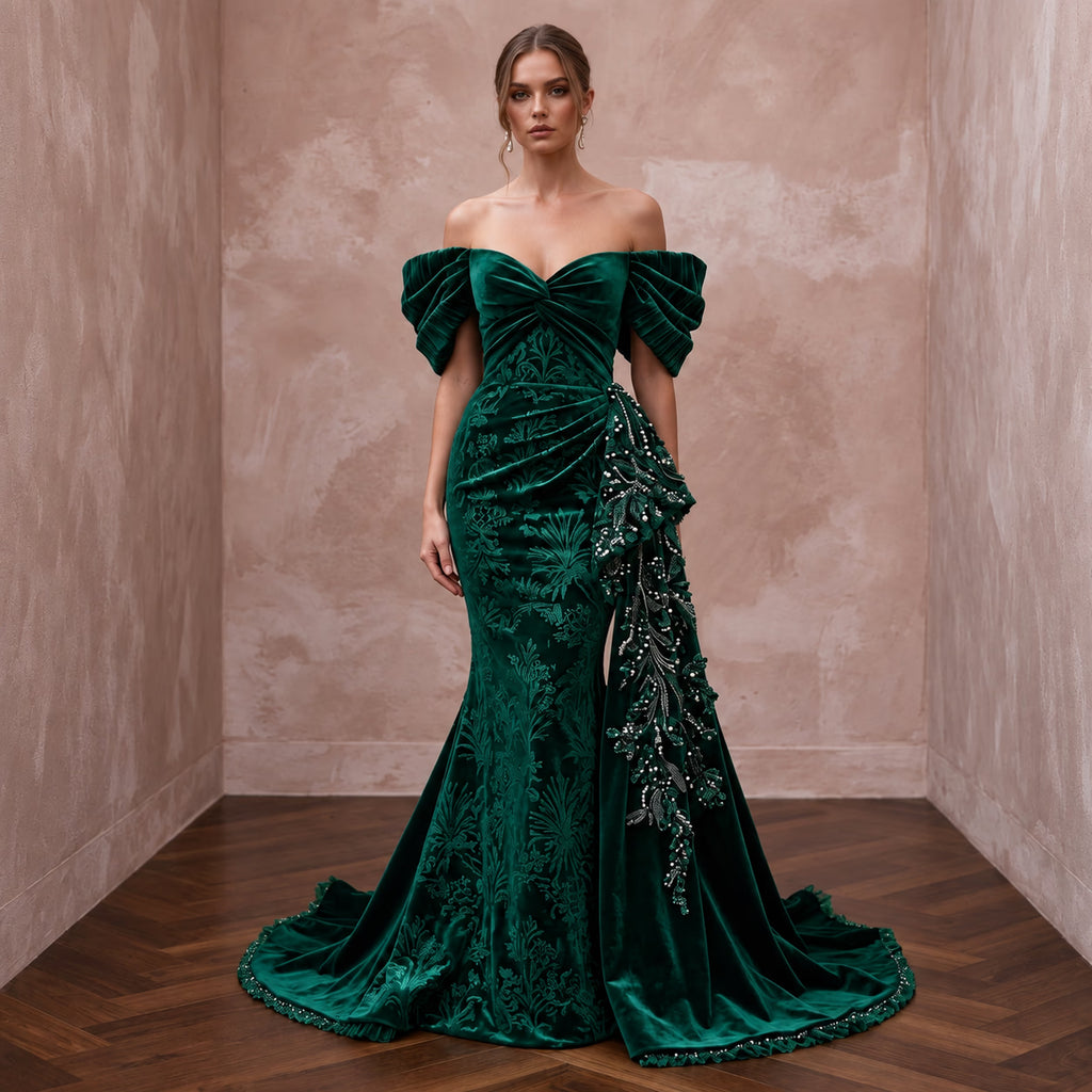Emerald Green Velvet Off-the-Shoulder Mermaid Evening Gown for Winter Gala