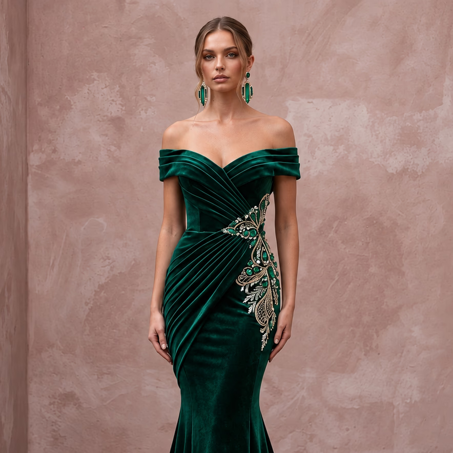 Emerald Green Velvet Off-the-Shoulder Mermaid Evening Gown for Winter Gala