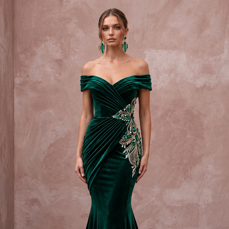 Emerald Green Velvet Off-the-Shoulder Mermaid Evening Gown for Winter Gala