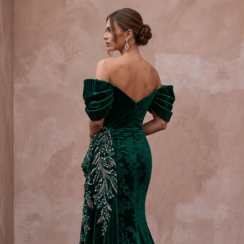 Emerald Green Velvet Off-the-Shoulder Mermaid Evening Gown for Winter Gala