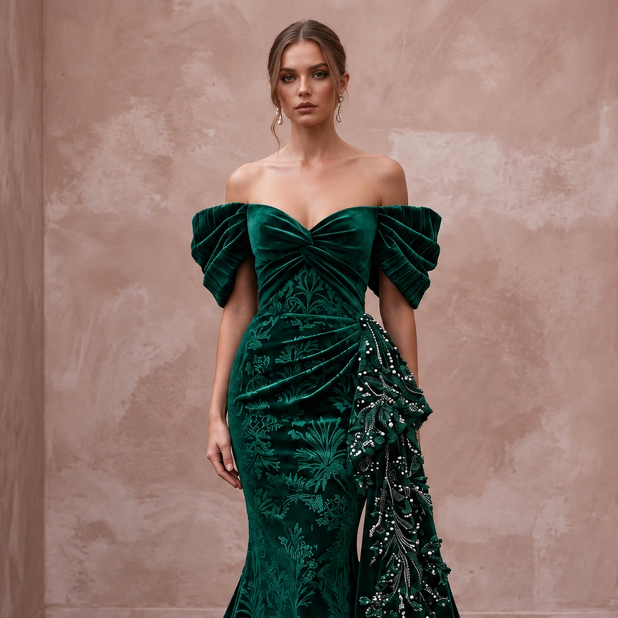 Emerald Green Velvet Off-the-Shoulder Mermaid Evening Gown for Winter Gala