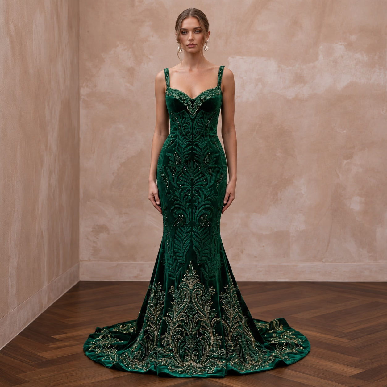 Emerald Green Velvet Sweetheart Neckline Mermaid Dress - Apparel & Accessories > Clothing > Wedding & Bridal Party Dresses > Wedding Dresses - Mignonette Bridal
