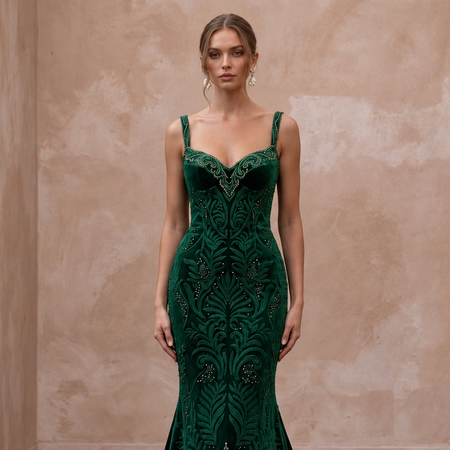 Emerald Green Velvet Sweetheart Neckline Mermaid Dress - Apparel & Accessories > Clothing > Wedding & Bridal Party Dresses > Wedding Dresses - Mignonette Bridal