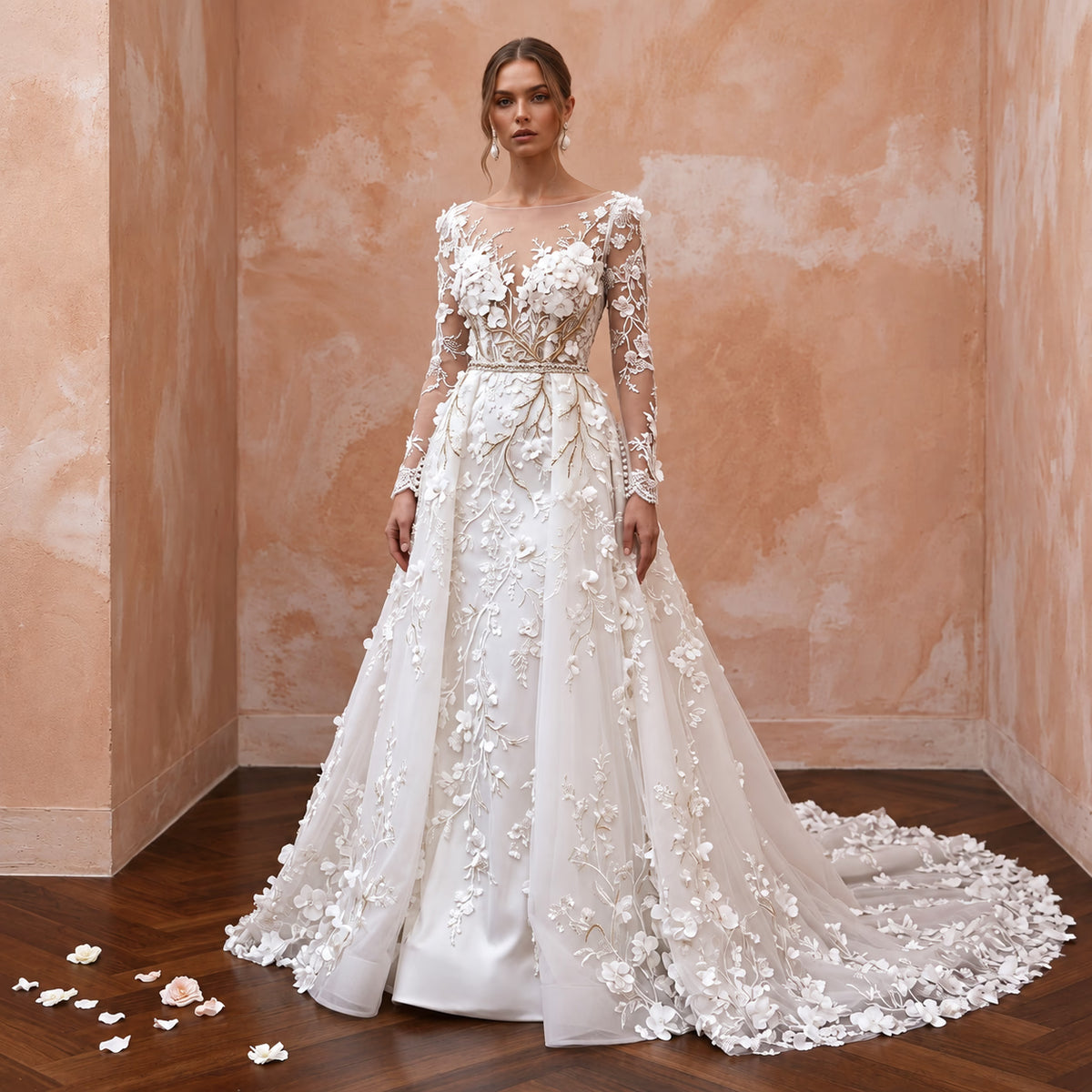 Enchanted Floral Wedding Dress with Long Sleeves - Apparel & Accessories > Clothing > Wedding & Bridal Party Dresses > Wedding Dresses - Mignonette Bridal Main image