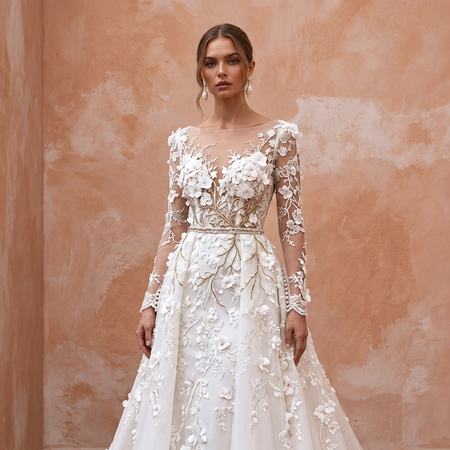 Enchanted Floral Wedding Dress with Long Sleeves - Apparel & Accessories > Clothing > Wedding & Bridal Party Dresses > Wedding Dresses - Mignonette Bridal