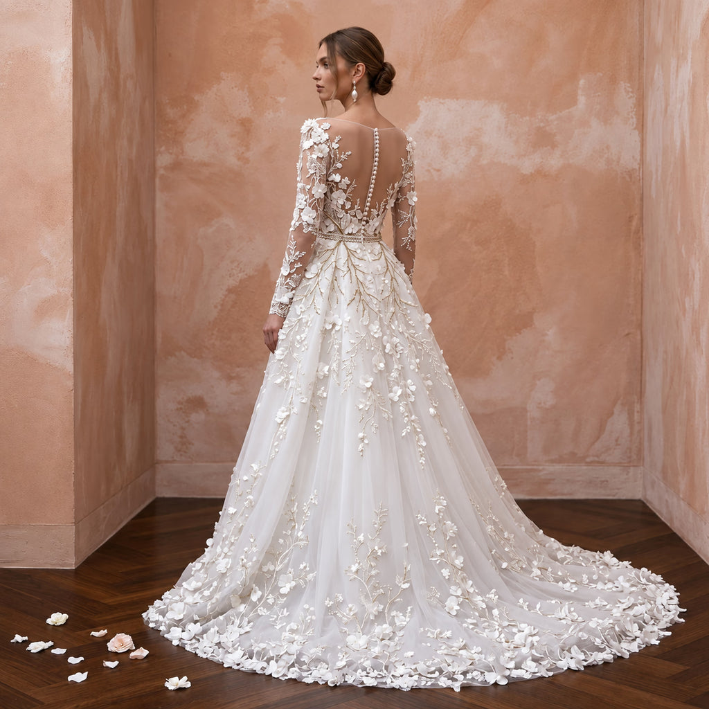 Enchanted Floral Wedding Dress with Long Sleeves - Apparel & Accessories > Clothing > Wedding & Bridal Party Dresses > Wedding Dresses - Mignonette Bridal