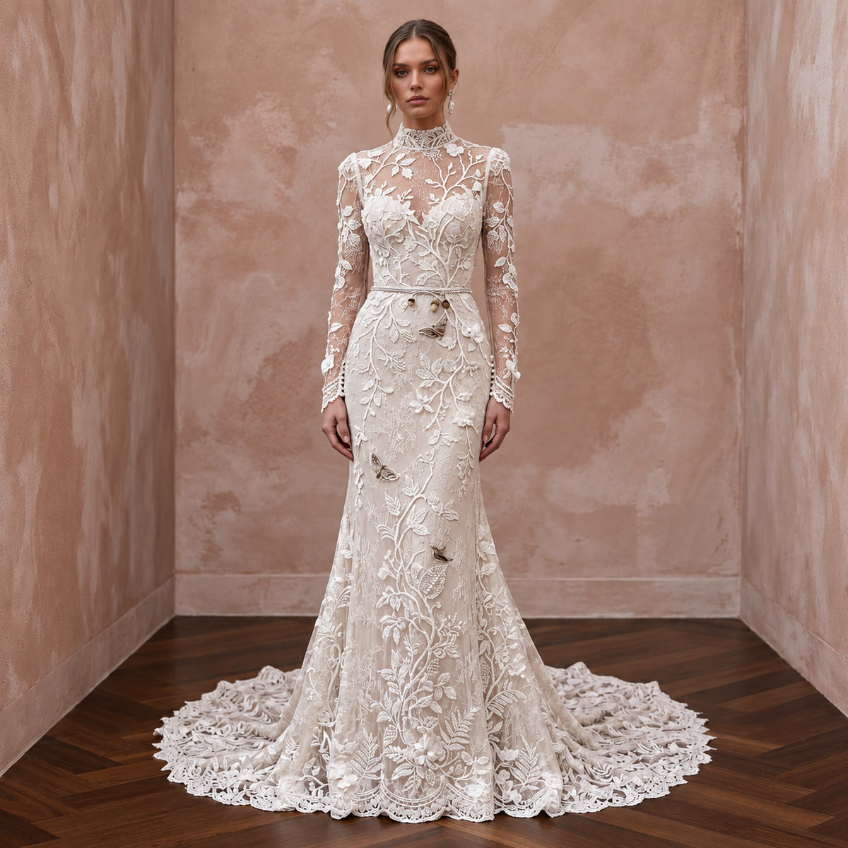 Enchanted Forest Lace Bridal Gown with Long Sleeves - Apparel & Accessories > Clothing > Wedding & Bridal Party Dresses > Wedding Dresses - Mignonette Bridal Main image