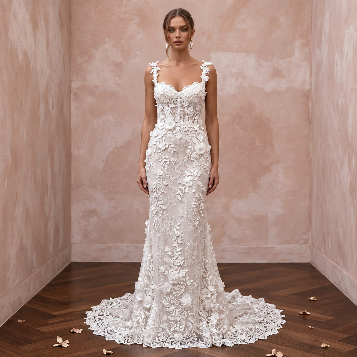 Enchanted Garden Lace Wedding Gown with Floral Appliques - Apparel & Accessories > Clothing > Wedding & Bridal Party Dresses > Wedding Dresses - Mignonette Bridal