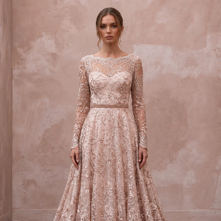 Enchanting Blush Metallic Lace Long Sleeve Wedding Dress for New Year's Eve