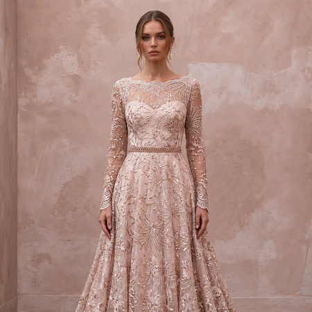 Enchanting Blush Metallic Lace Long Sleeve Wedding Dress for New Year's Eve