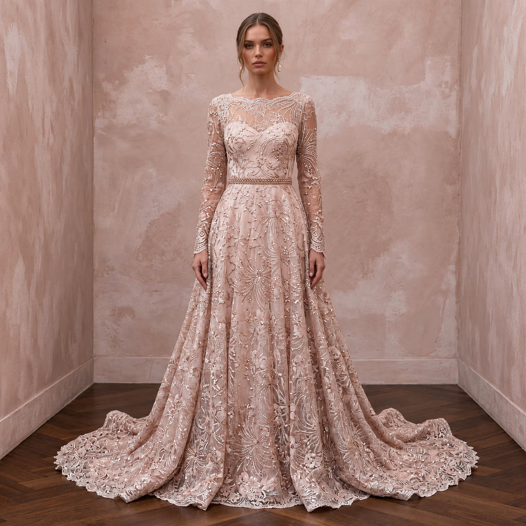 Enchanting Blush Metallic Lace Long Sleeve Wedding Dress for New Year's Eve