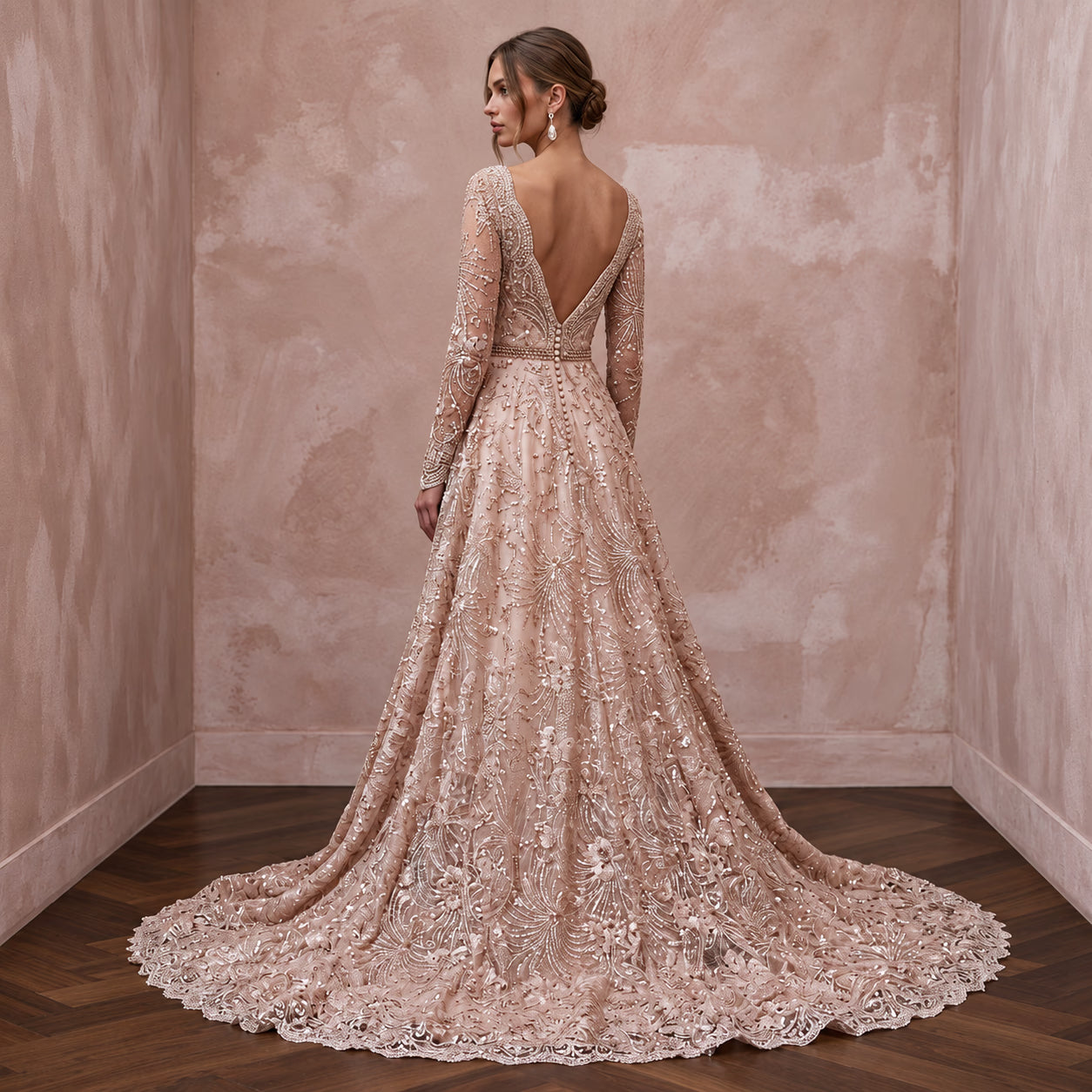 Enchanting Blush Metallic Lace Long Sleeve Wedding Dress for New Year's Eve Secondary image