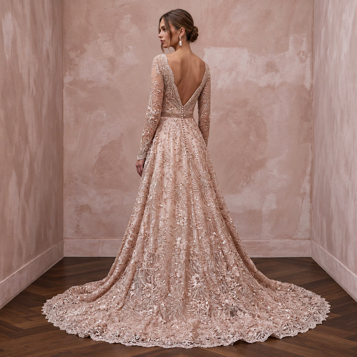 Enchanting Blush Metallic Lace Long Sleeve Wedding Dress for New Year's Eve