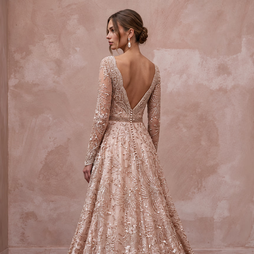 Enchanting Blush Metallic Lace Long Sleeve Wedding Dress for New Year's Eve