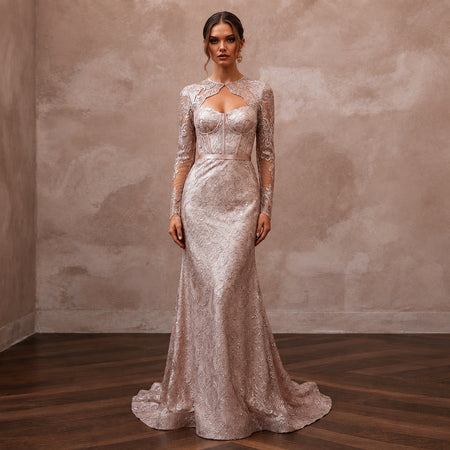 Enchanting Blush Metallic Lace Long Sleeve for New Year's Eve - Apparel & Accessories > Clothing > Wedding & Bridal Party Dresses > Wedding Dresses - Mignonette Bridal