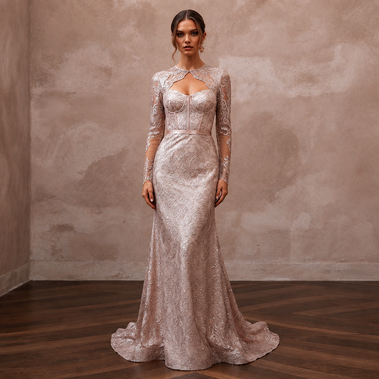 Enchanting Blush Metallic Lace Long Sleeve for New Year's Eve Main image