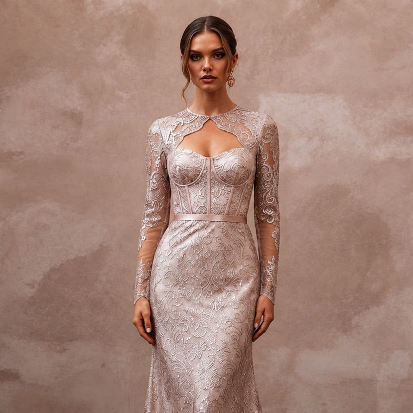 Enchanting Blush Metallic Lace Long Sleeve for New Year's Eve - Apparel & Accessories > Clothing > Wedding & Bridal Party Dresses > Wedding Dresses - Mignonette Bridal