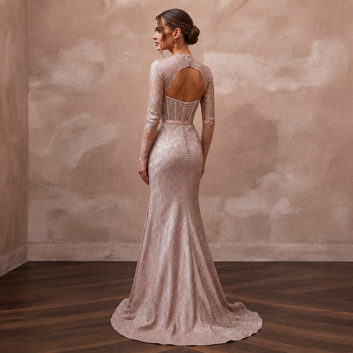 Enchanting Blush Metallic Lace Long Sleeve for New Year's Eve - Apparel & Accessories > Clothing > Wedding & Bridal Party Dresses > Wedding Dresses - Mignonette Bridal