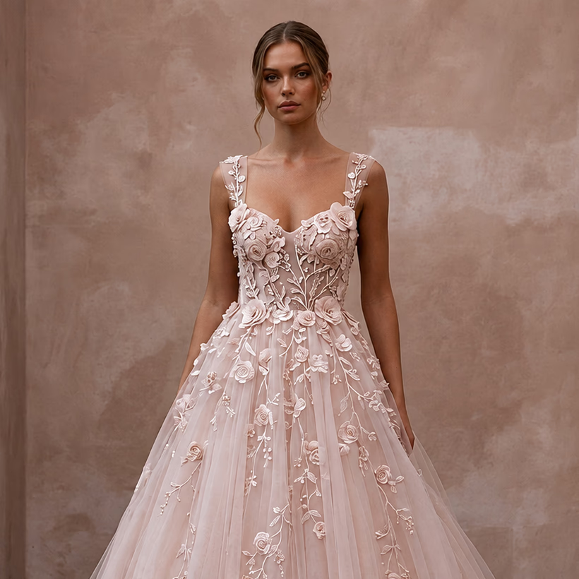 Enchanting Blush Tulle Ball Gown Wedding Dress for Rose Garden Elopement - Apparel & Accessories > Clothing > Wedding & Bridal Party Dresses > Wedding Dresses - Mignonette Bridal