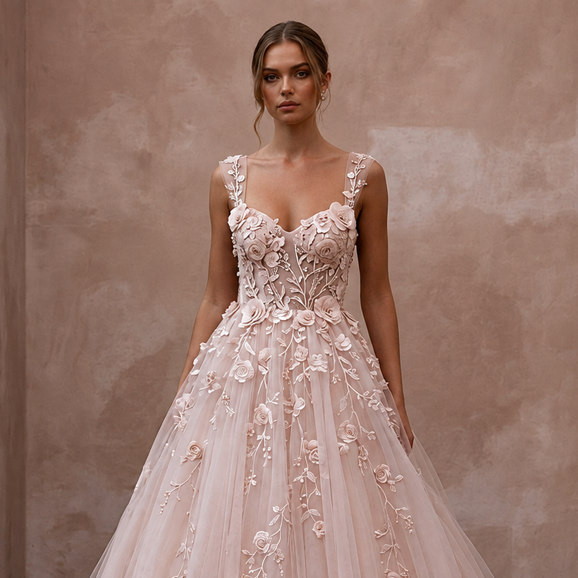 Enchanting Blush Tulle Ball Gown Wedding Dress for Rose Garden Elopement