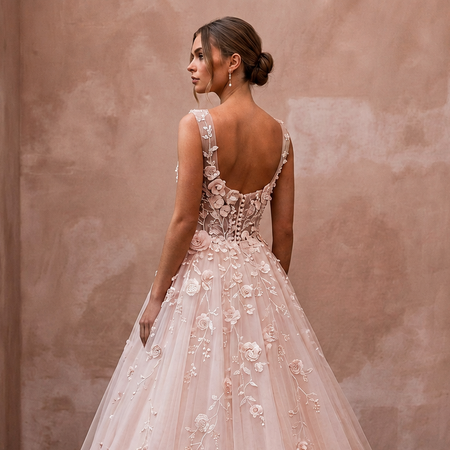 Enchanting Blush Tulle Ball Gown Wedding Dress for Rose Garden Elopement