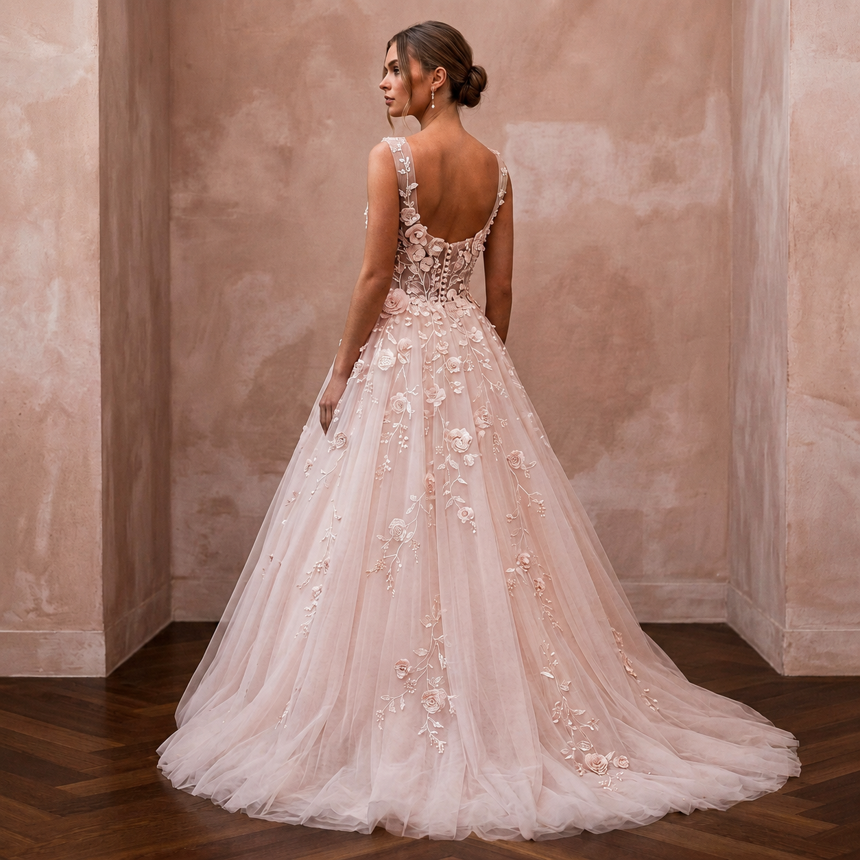 Enchanting Blush Tulle Ball Gown Wedding Dress for Rose Garden Elopement